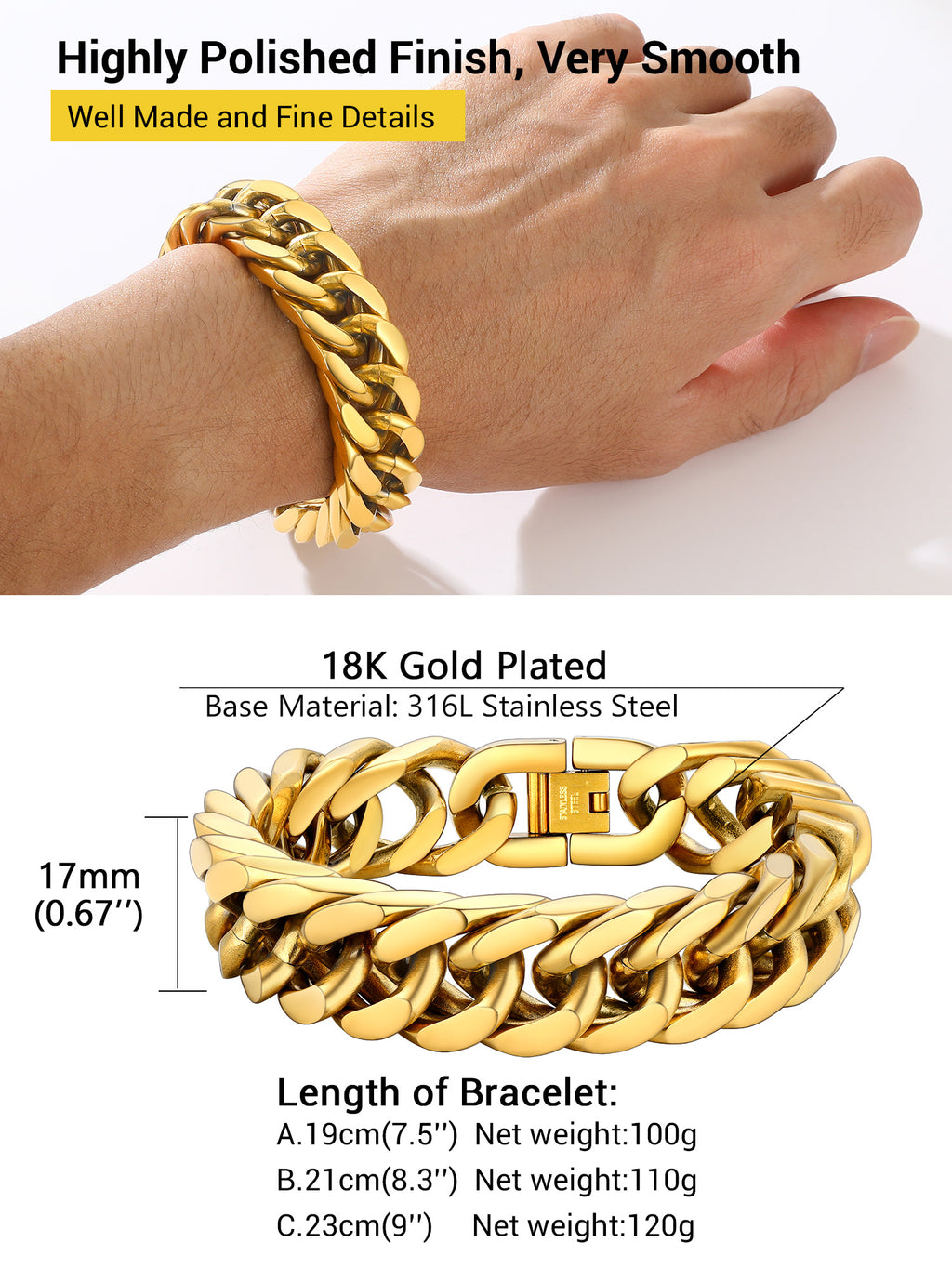 Men Stainless Steel 17Mm Cuban Chain Bracelets Hip Pop Chunky Franco Gold Plated Chain Bracelet 7.5 Inch Chains Jewelry Birthday Teen Graduation Father'S Day Gifts