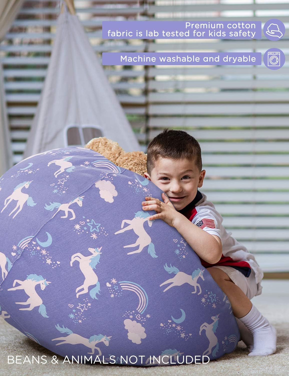 Stuffed Animal Storage Bean Bag, Unicorn Bean Bag Chair, Stuff 'N Sit for Kids, Medium 32"-Canvas Unicorn Blue