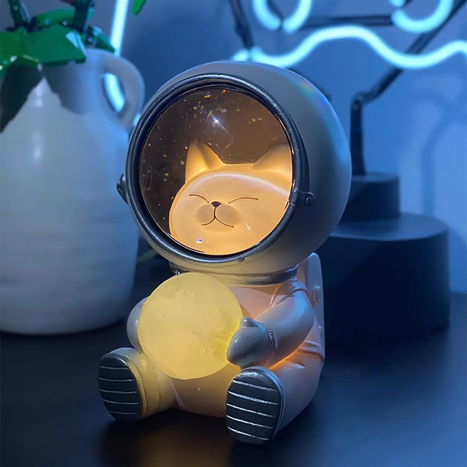 Astronaut Night Light, Space Cat LED Desktop Night Light, Astronaut Moon Lamps for Home Office Decoration, White