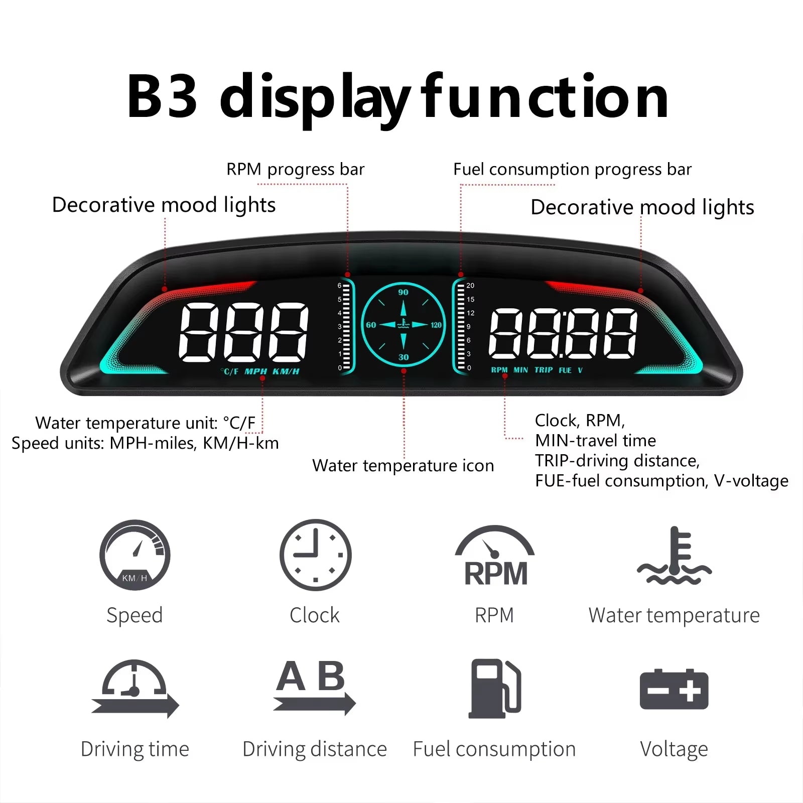 AD B3 Speedometer Head up Display OBD2 HUD Car Tachometer Water Temp with Alarm Auto Fuel Consumption Volt Meter Gauge