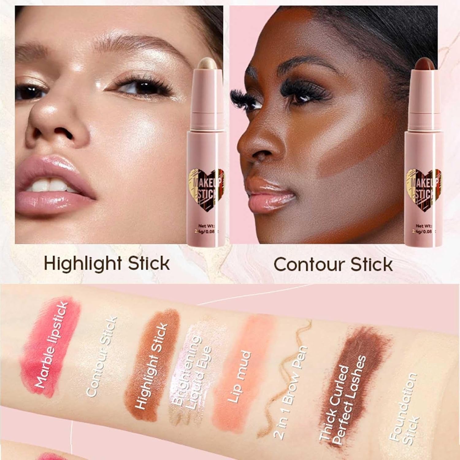 Makeup Kits for Teen Girls,Lipstick, Contour Stick, Highlighter Stick, Eye Shadow, Lip Mud, 2-In-1 Eyebrow Pencil, Foundation Stick, Mascara and Hair Tie,R Makeup Gift Set for Women（Cosmetic Bag）