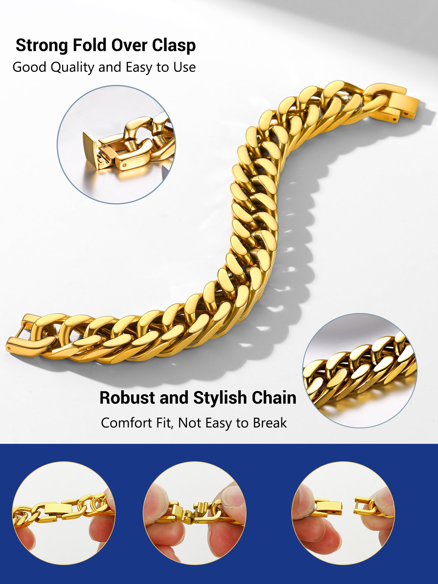 Men Stainless Steel 17Mm Cuban Chain Bracelets Hip Pop Chunky Franco Gold Plated Chain Bracelet 7.5 Inch Chains Jewelry Birthday Teen Graduation Father'S Day Gifts