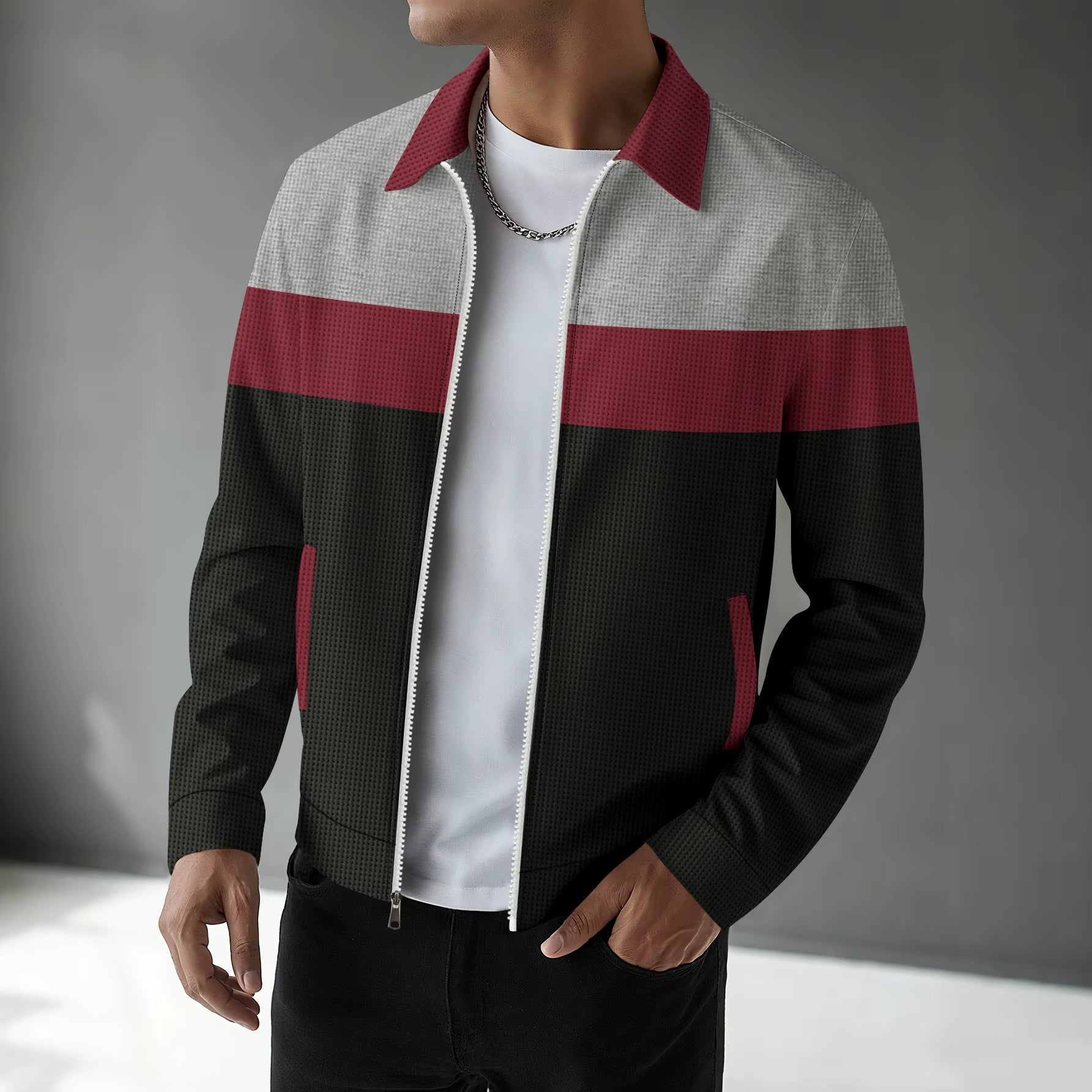 New Spring-Autumn Men'S Casual Jacket - High-Quality Comfortable Waffle - Men'S Lapel Zipper Fashion Sporty Slim-Fit Coat