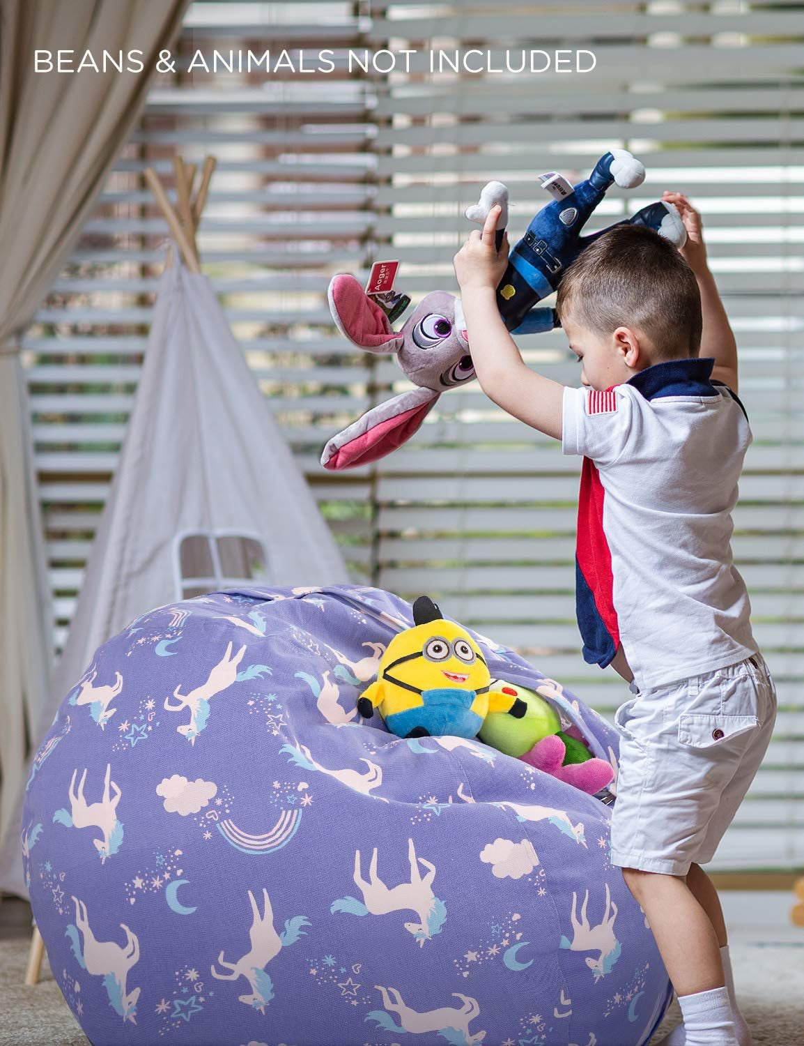 Stuffed Animal Storage Bean Bag, Unicorn Bean Bag Chair, Stuff 'N Sit for Kids, Medium 32"-Canvas Unicorn Blue