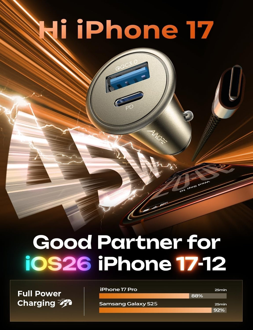 67.5W for Iphone 17 Car Charger USB C Fast Charge, PD 45W USB C Car Charger Adapter, All Metal Cigarette Lighter Adapter Fit Iphone 17 Pro 16 15 Pro Max Air Samsung S25 Android