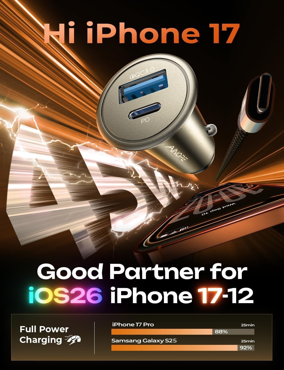 67.5W for Iphone 17 Car Charger USB C Fast Charge, PD 45W USB C Car Charger Adapter, All Metal Cigarette Lighter Adapter Fit Iphone 17 Pro 16 15 Pro Max Air Samsung S25 Android